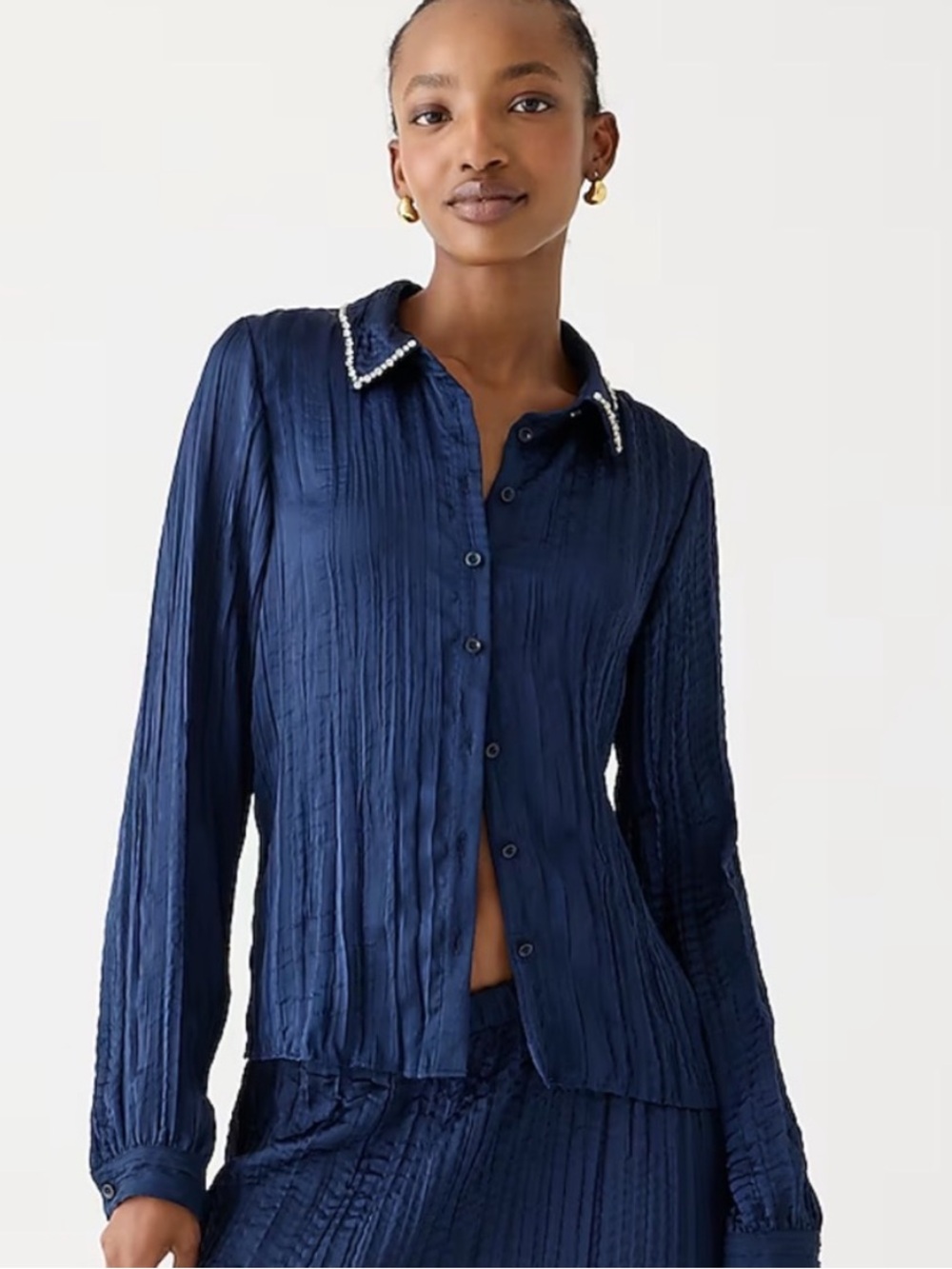 BOGO! J. Crew Crystal-Embellished Blouse in Crinkle Satin Navy Blue XS